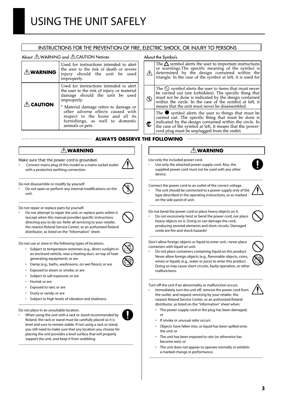 Using the unit safely | Roland V-800HD MKII Multi-Format Video Switcher User Manual | Page 3 / 64