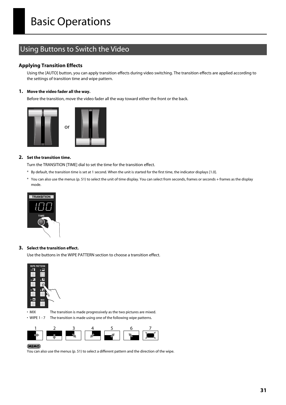 Basic operations, Using buttons to switch the video, Use this dial to set the transition time (p. 31) | Roland V-800HD MKII Multi-Format Video Switcher User Manual | Page 31 / 64