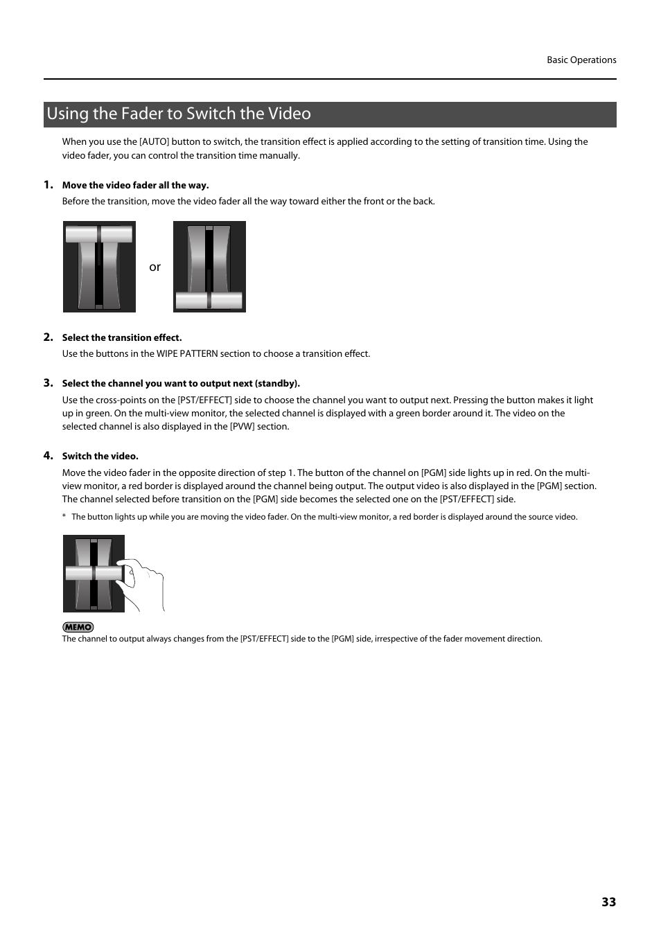 Using the fader to switch the video | Roland V-800HD MKII Multi-Format Video Switcher User Manual | Page 33 / 64