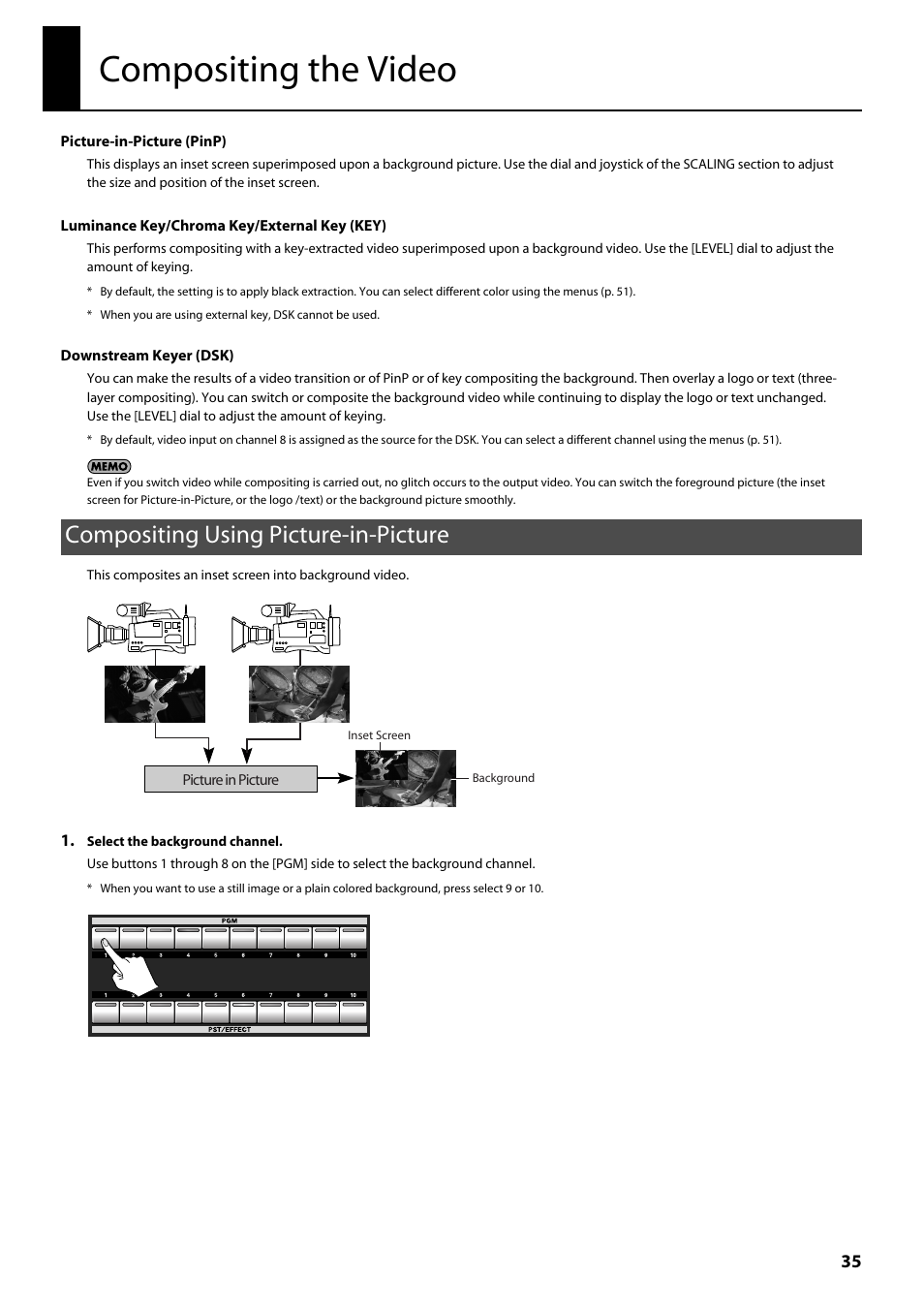 Compositing the video, Compositing using picture-in-picture, P. 35), key compositing | Roland V-800HD MKII Multi-Format Video Switcher User Manual | Page 35 / 64