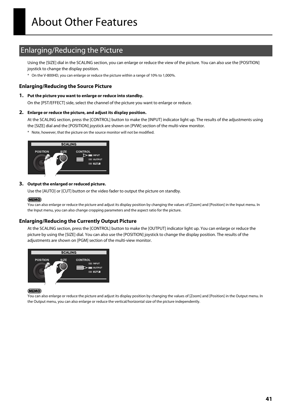 About other features, Enlarging/reducing the picture | Roland V-800HD MKII Multi-Format Video Switcher User Manual | Page 41 / 64