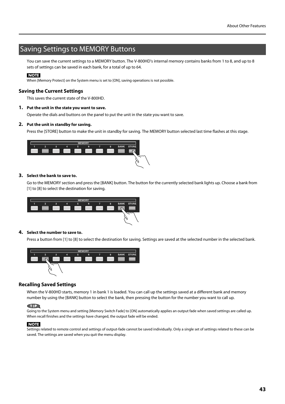 Saving settings to memory buttons | Roland V-800HD MKII Multi-Format Video Switcher User Manual | Page 43 / 64