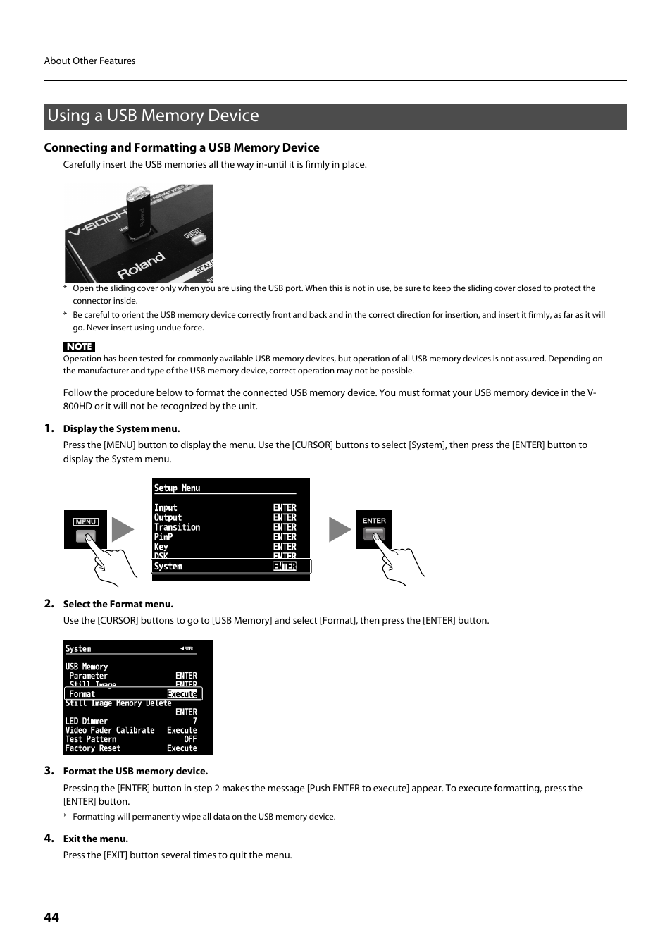 Using a usb memory device | Roland V-800HD MKII Multi-Format Video Switcher User Manual | Page 44 / 64