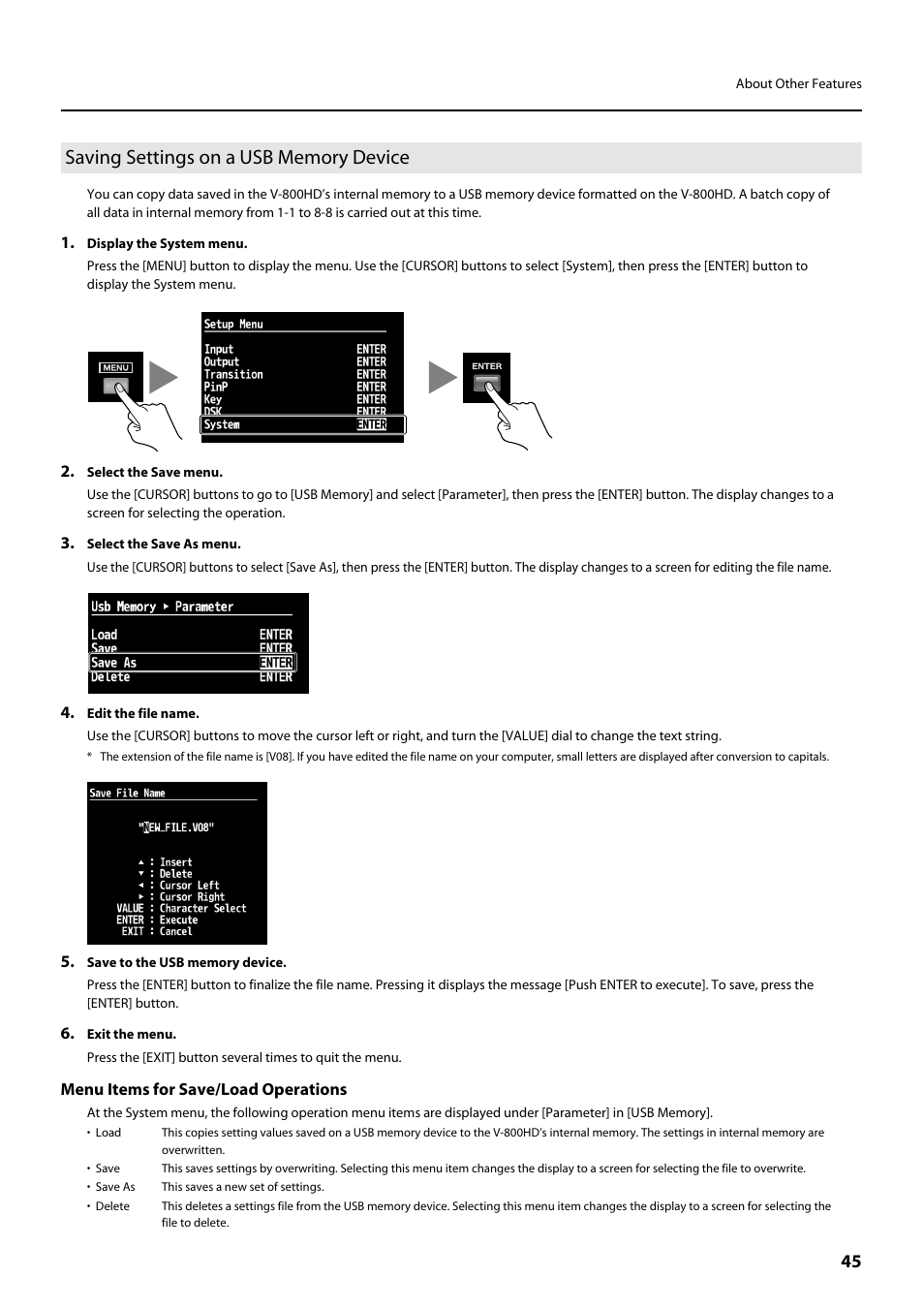 Saving settings on a usb memory device | Roland V-800HD MKII Multi-Format Video Switcher User Manual | Page 45 / 64
