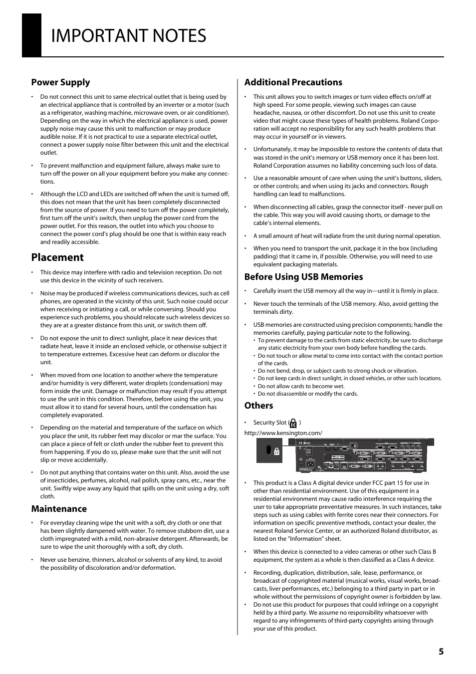 Placement, Power supply, Maintenance | Additional precautions, Others | Roland V-800HD MKII Multi-Format Video Switcher User Manual | Page 5 / 64