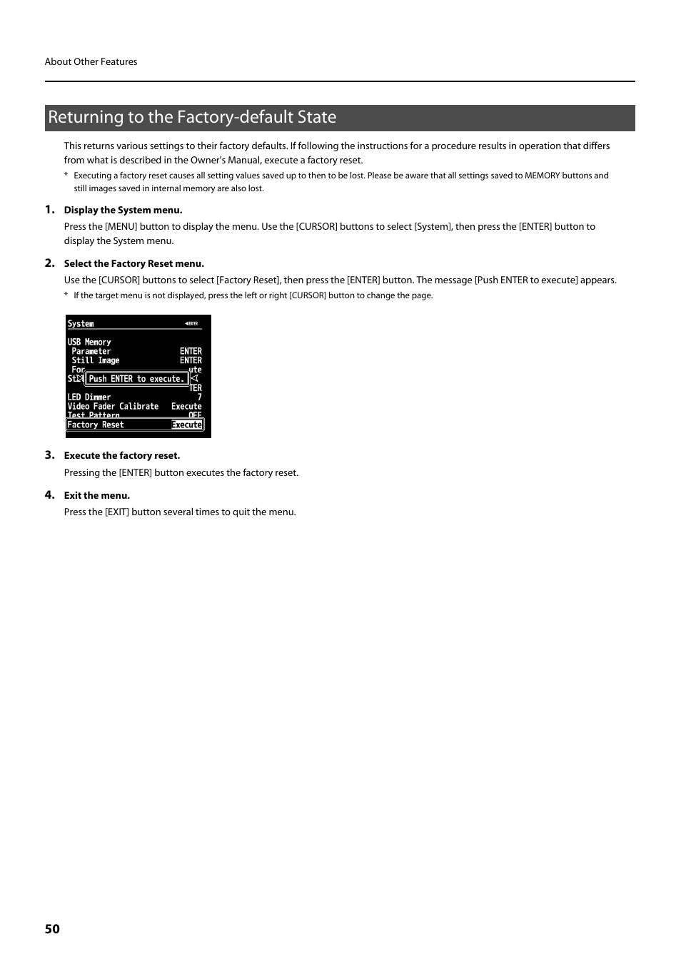 Returning to the factory-default state | Roland V-800HD MKII Multi-Format Video Switcher User Manual | Page 50 / 64