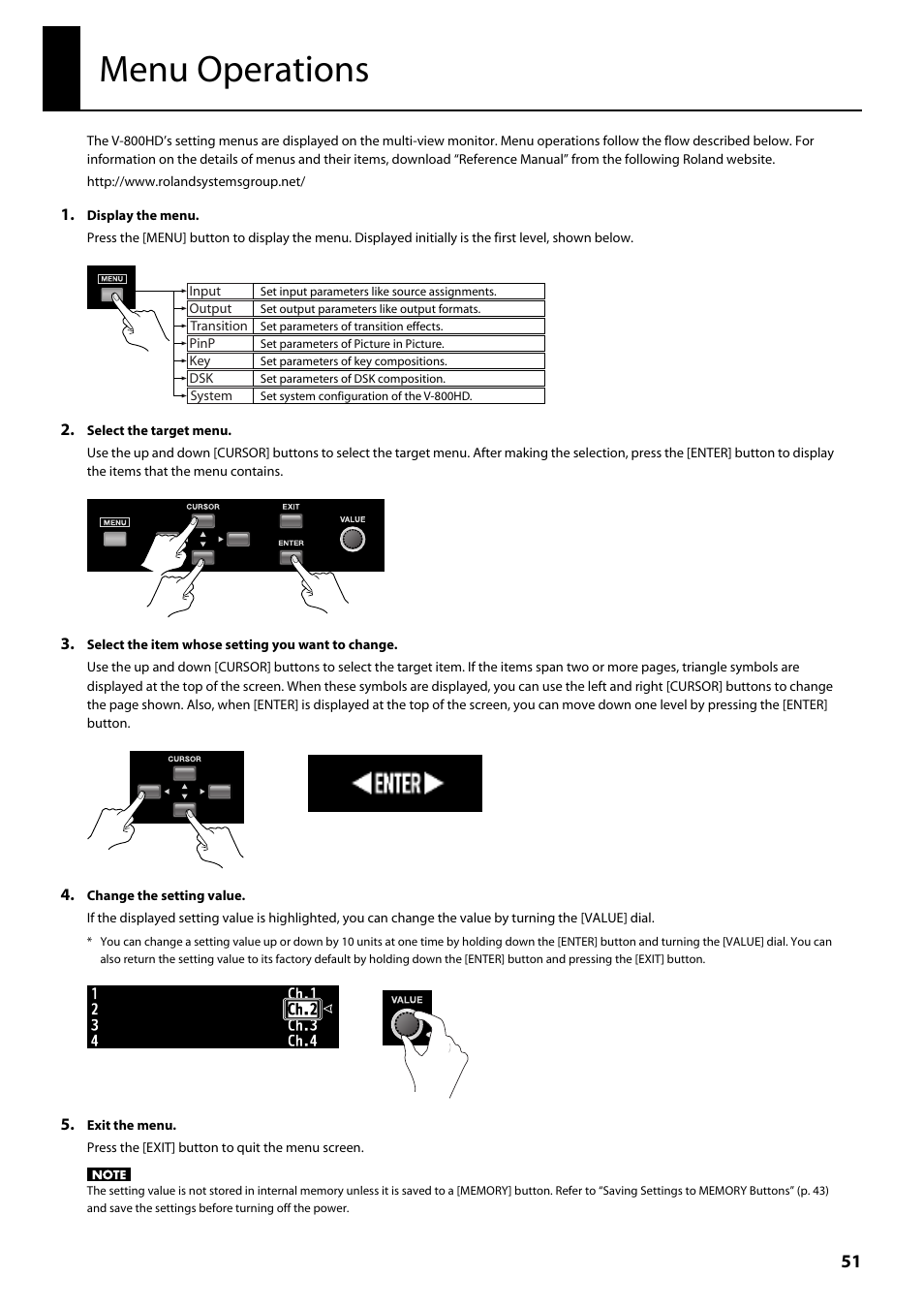 Menu operations | Roland V-800HD MKII Multi-Format Video Switcher User Manual | Page 51 / 64