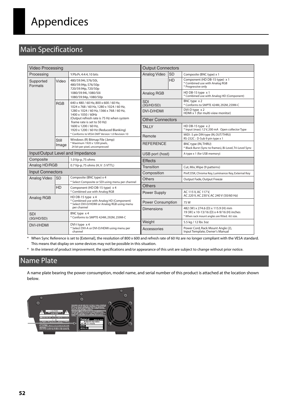 Appendices, Main specifications, Name plate | Main specifications name plate | Roland V-800HD MKII Multi-Format Video Switcher User Manual | Page 52 / 64