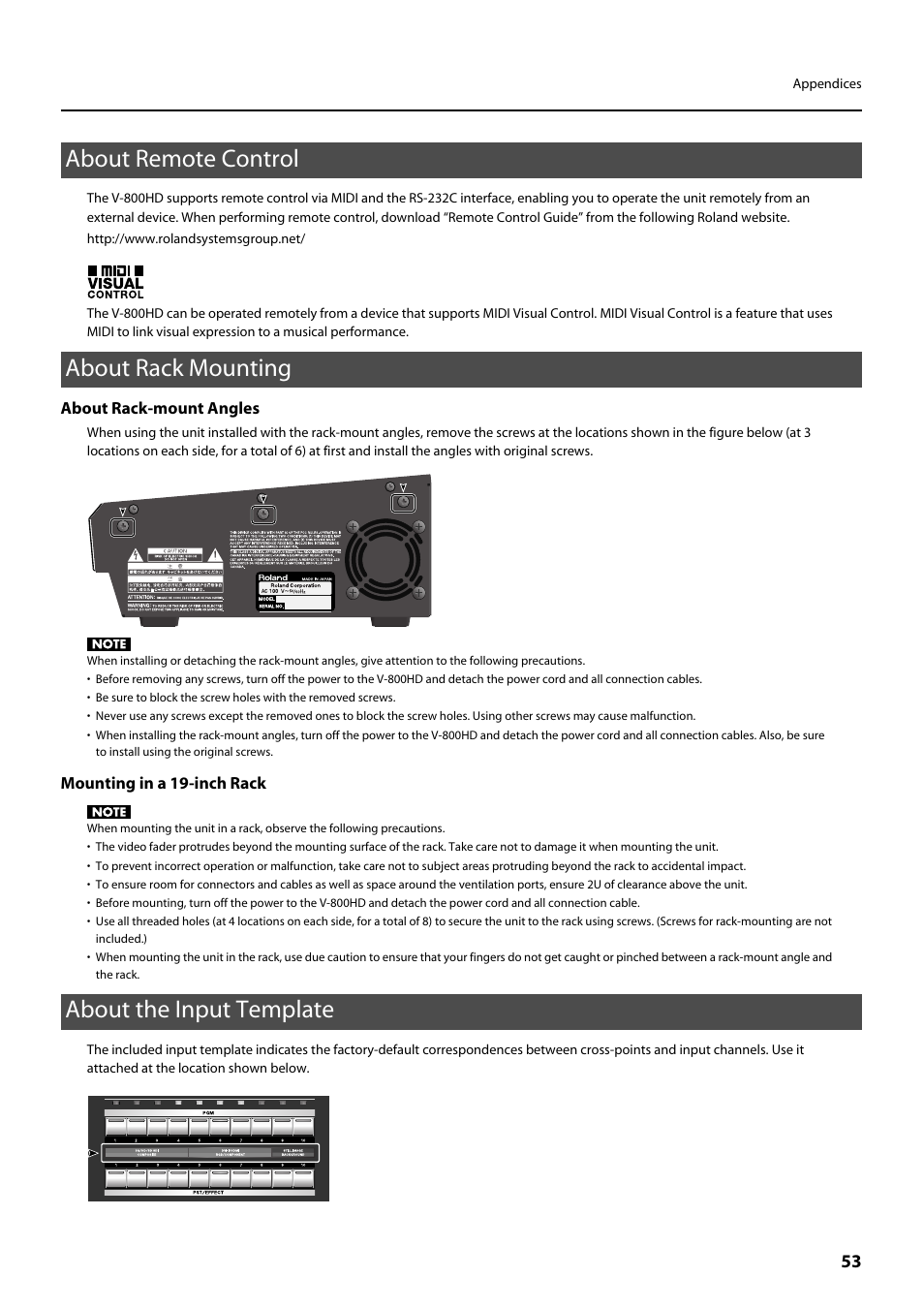 About remote control, About rack mounting, About the input template | Screws for rack mount angles (p. 53) | Roland V-800HD MKII Multi-Format Video Switcher User Manual | Page 53 / 64