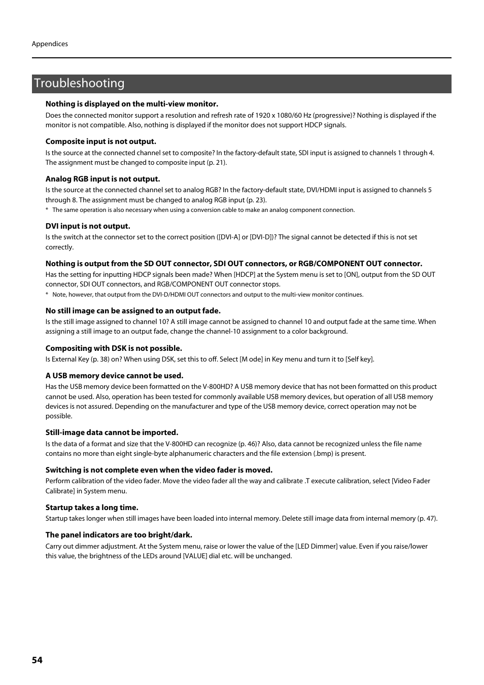 Troubleshooting | Roland V-800HD MKII Multi-Format Video Switcher User Manual | Page 54 / 64