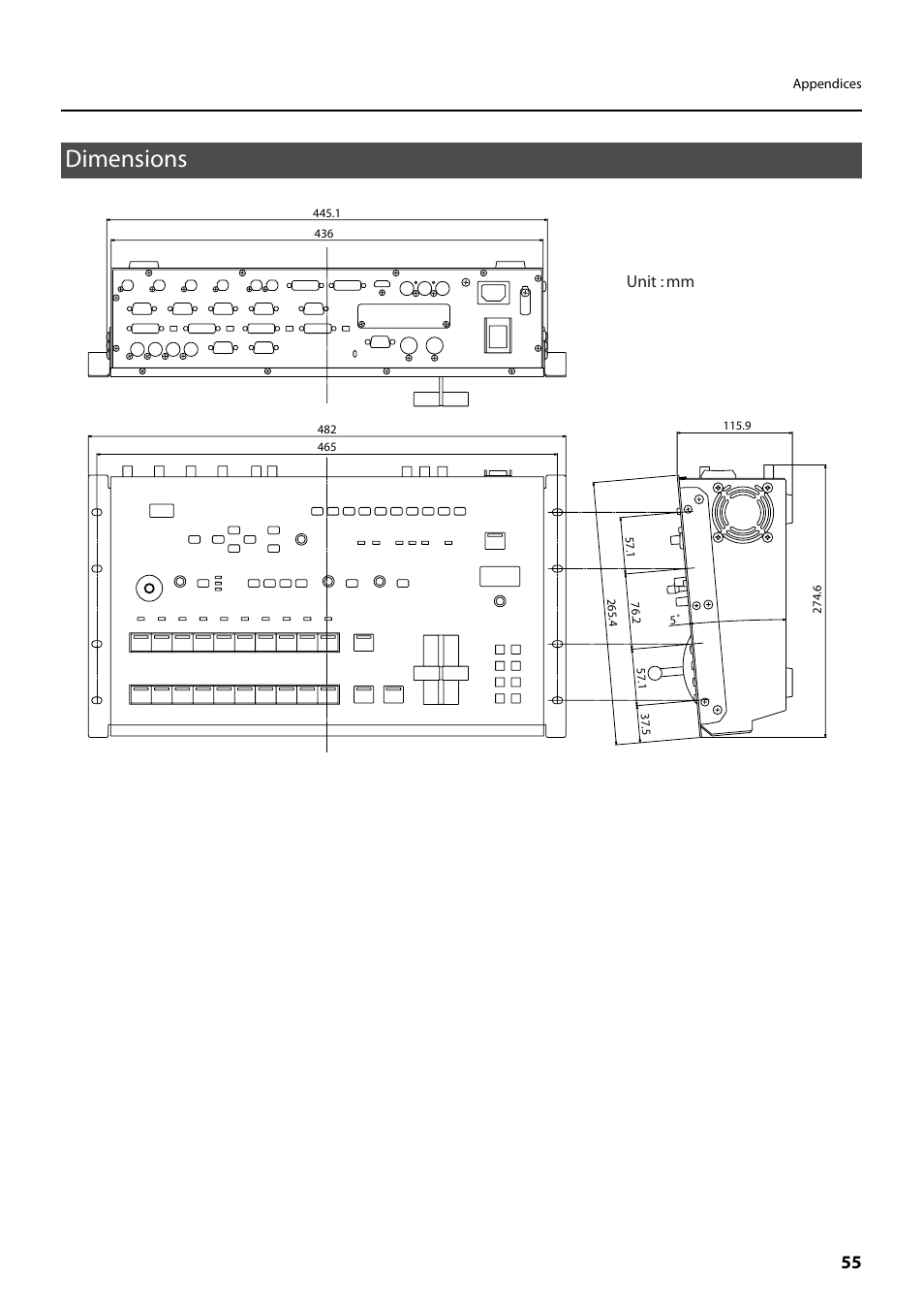 Dimensions, Unit : mm | Roland V-800HD MKII Multi-Format Video Switcher User Manual | Page 55 / 64