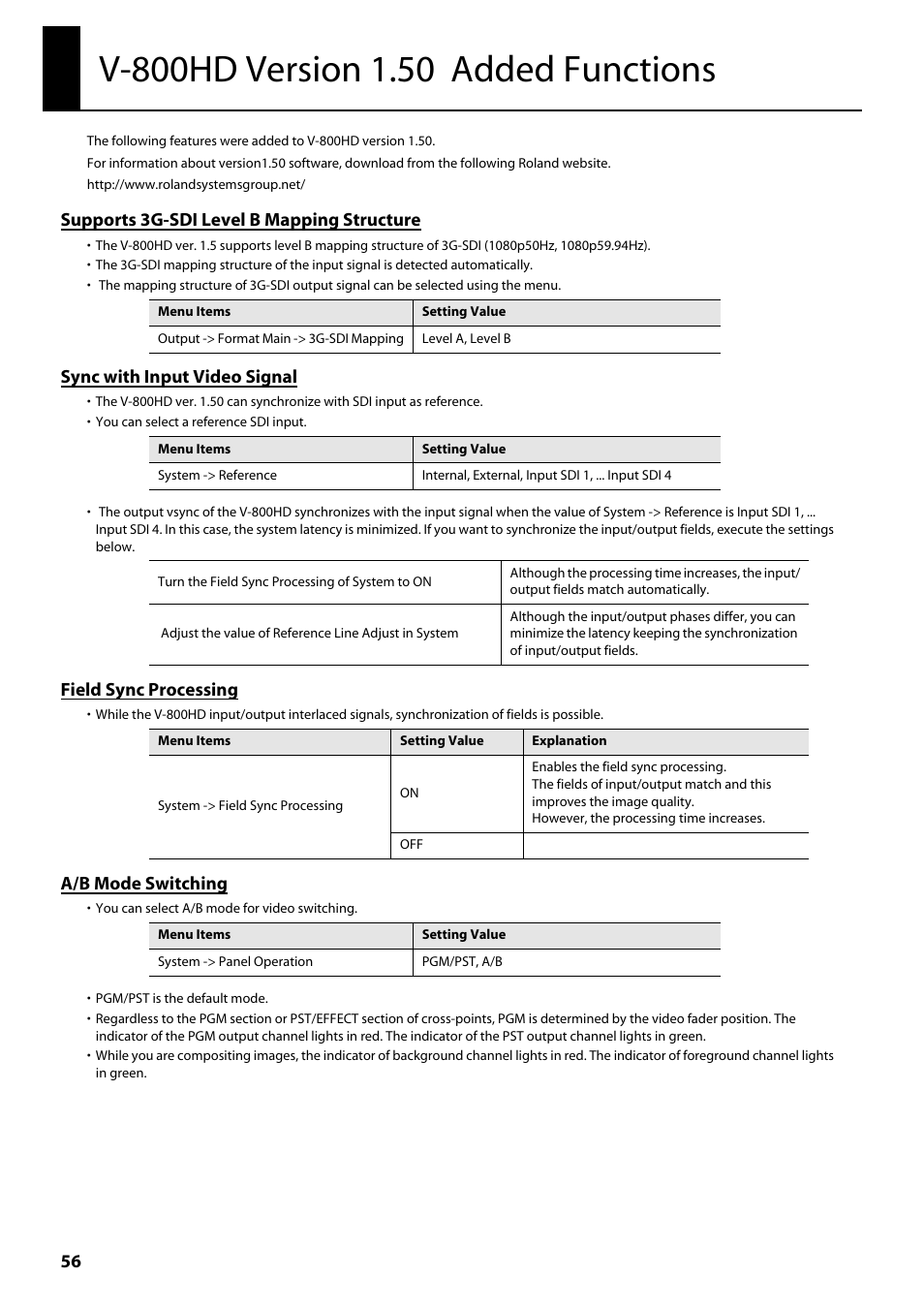 V-800hd version 1.50 added functions, Supports 3g-sdi level b mapping structure, Sync with input video signal | Field sync processing, A/b mode switching | Roland V-800HD MKII Multi-Format Video Switcher User Manual | Page 56 / 64