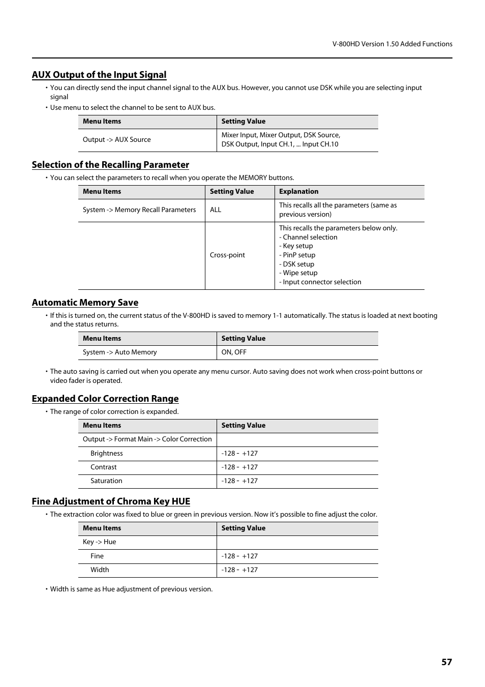 Aux output of the input signal, Selection of the recalling parameter, Expanded color correction range | Fine adjustment of chroma key hue | Roland V-800HD MKII Multi-Format Video Switcher User Manual | Page 57 / 64