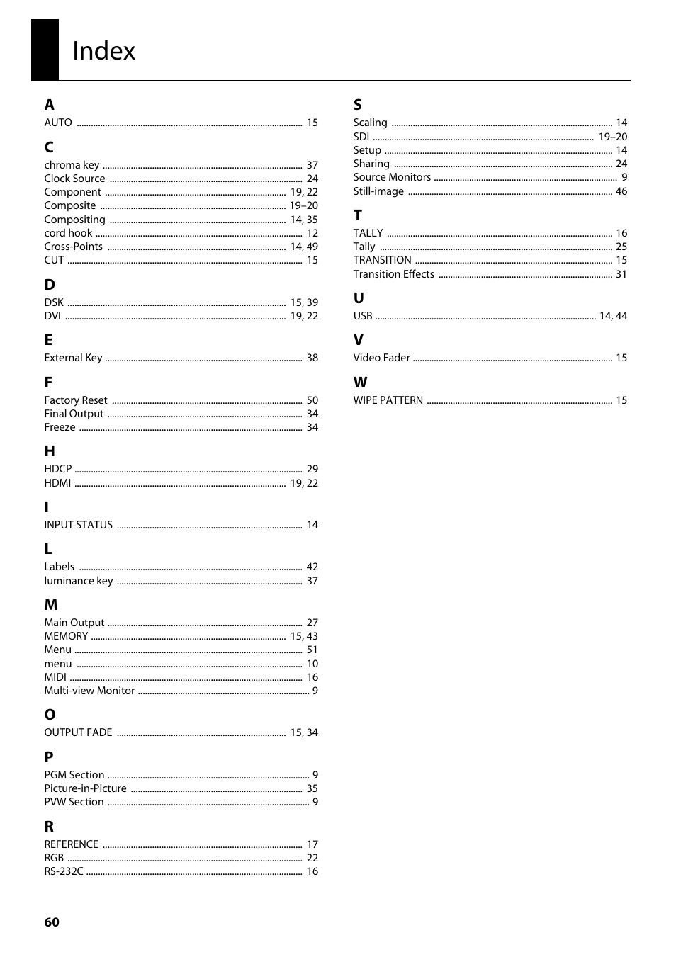 Index | Roland V-800HD MKII Multi-Format Video Switcher User Manual | Page 60 / 64