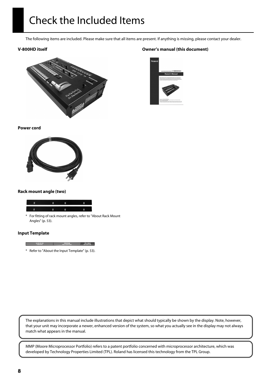 Check the included items | Roland V-800HD MKII Multi-Format Video Switcher User Manual | Page 8 / 64