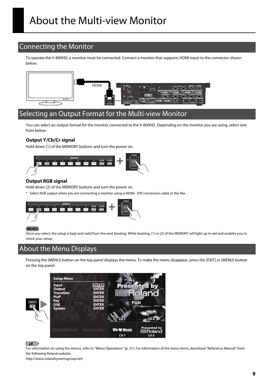 About the multi-view monitor, Connecting the monitor, About the menu displays | Roland V-800HD MKII Multi-Format Video Switcher User Manual | Page 9 / 64