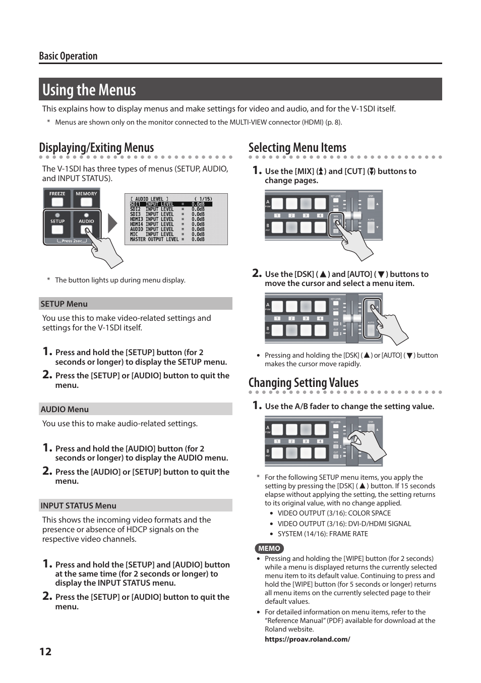 Using the menus, P. 12, Tup menu (p. 12 | Uit the menu (p. 12, Displaying/exiting menus, Selecting menu items, Changing setting values, 12 basic operation | Roland V-1SDI 4-Channel HD Video Switcher User Manual | Page 12 / 40
