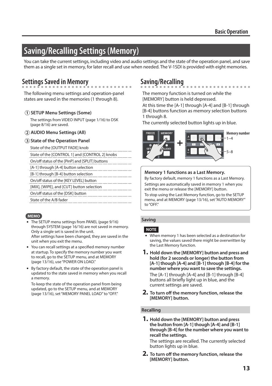 Saving/recalling settings (memory), P. 13, Saving/recalling | 13 basic operation | Roland V-1SDI 4-Channel HD Video Switcher User Manual | Page 13 / 40