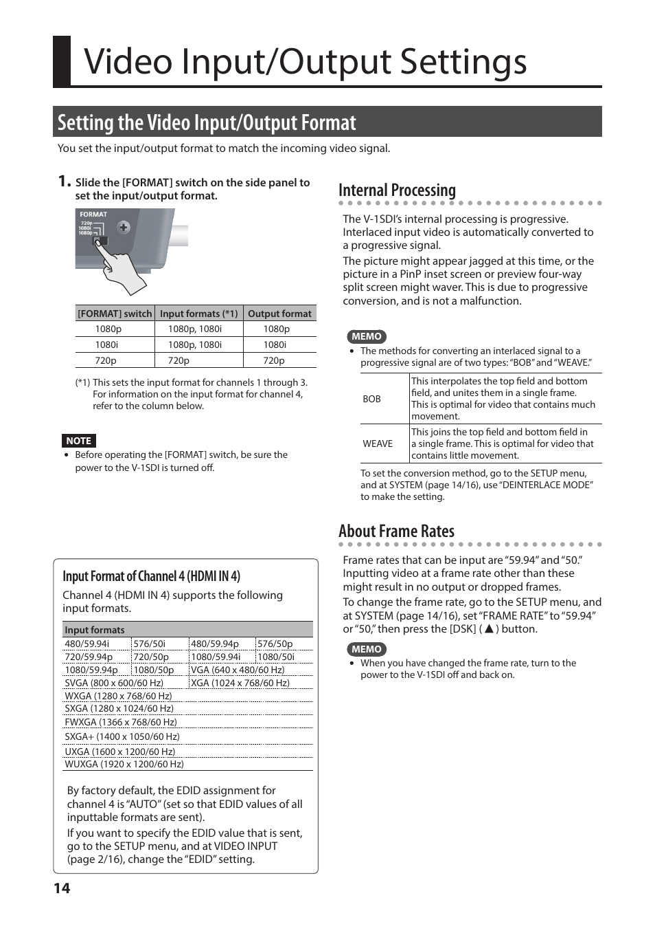 Video input/output settings, Setting the video input/output format, P. 14 | Internal processing, About frame rates, Input format of channel 4 (hdmi in 4) | Roland V-1SDI 4-Channel HD Video Switcher User Manual | Page 14 / 40