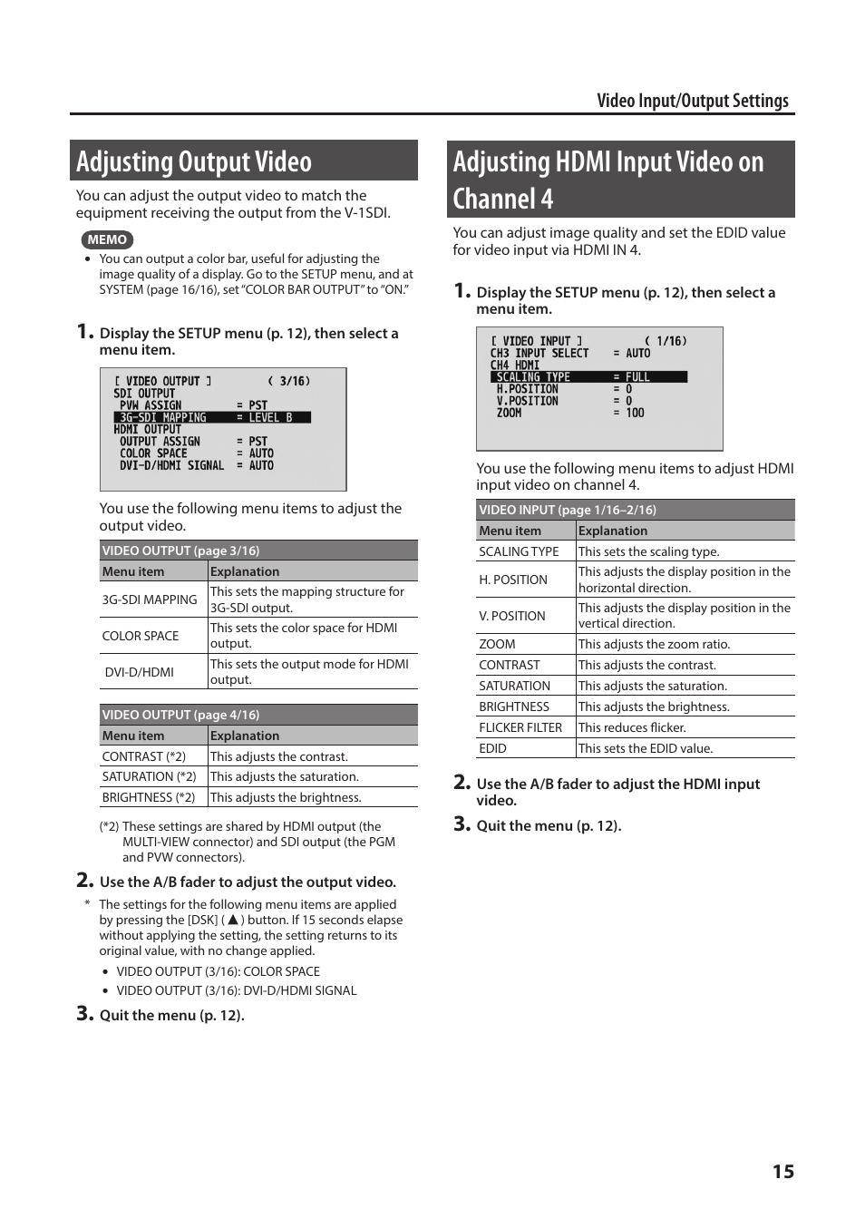Adjusting output video, Adjusting hdmi input video on channel 4, 15 video input/output settings | Roland V-1SDI 4-Channel HD Video Switcher User Manual | Page 15 / 40