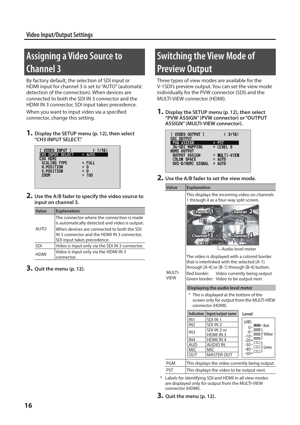 Assigning a video source to channel 3, Switching the view mode of preview output, P. 16 | T video (p. 16, 16 video input/output settings | Roland V-1SDI 4-Channel HD Video Switcher User Manual | Page 16 / 40