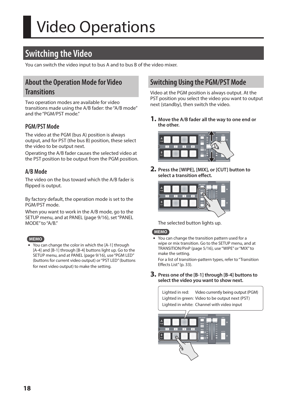 Video operations, Switching the video, About the operation mode for video transitions | Switching using the pgm/pst mode, About the operation mode for video, Transitions, P. 18, Pgm/pst mode, A/b mode | Roland V-1SDI 4-Channel HD Video Switcher User Manual | Page 18 / 40