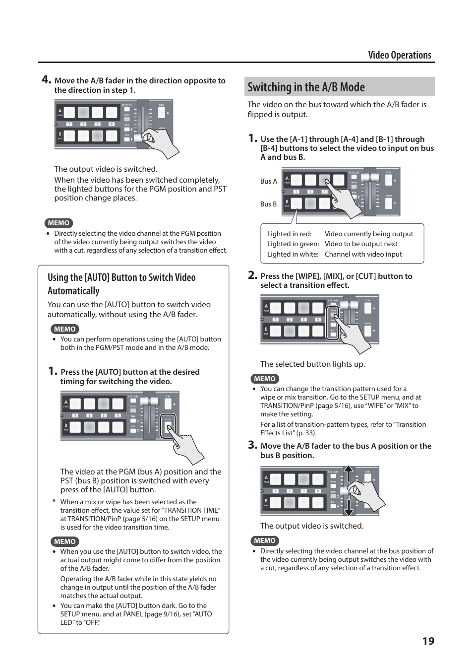 Switching in the a/b mode, 19 video operations | Roland V-1SDI 4-Channel HD Video Switcher User Manual | Page 19 / 40