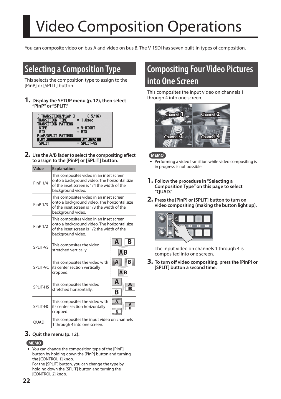Video composition operations, Selecting a composition type, Compositing four video pictures into one screen | Compositing four video pictures, Into one screen, P. 22 | Roland V-1SDI 4-Channel HD Video Switcher User Manual | Page 22 / 40