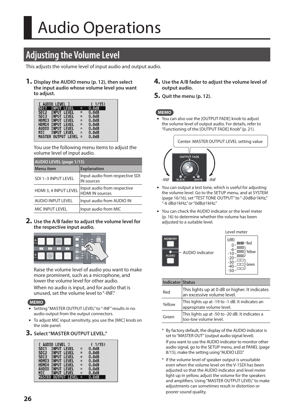Audio operations, Adjusting the volume level, El of output audio (p. 26 | Roland V-1SDI 4-Channel HD Video Switcher User Manual | Page 26 / 40