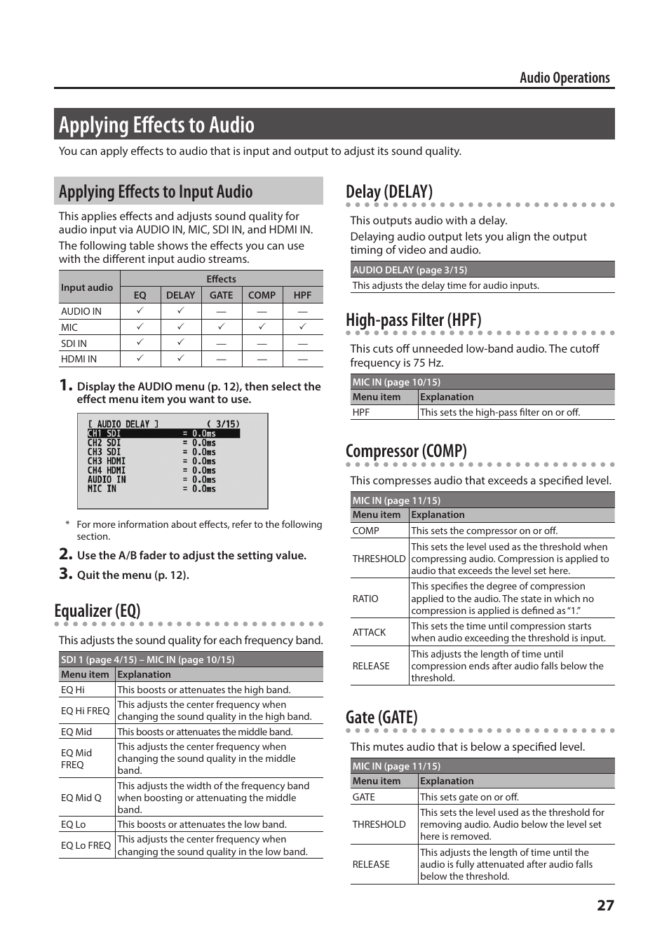 Applying effects to audio, Applying effects to input audio, Equalizer (eq) | Delay (delay), High-pass filter (hpf), Compressor (comp), Gate (gate), 27 audio operations | Roland V-1SDI 4-Channel HD Video Switcher User Manual | Page 27 / 40