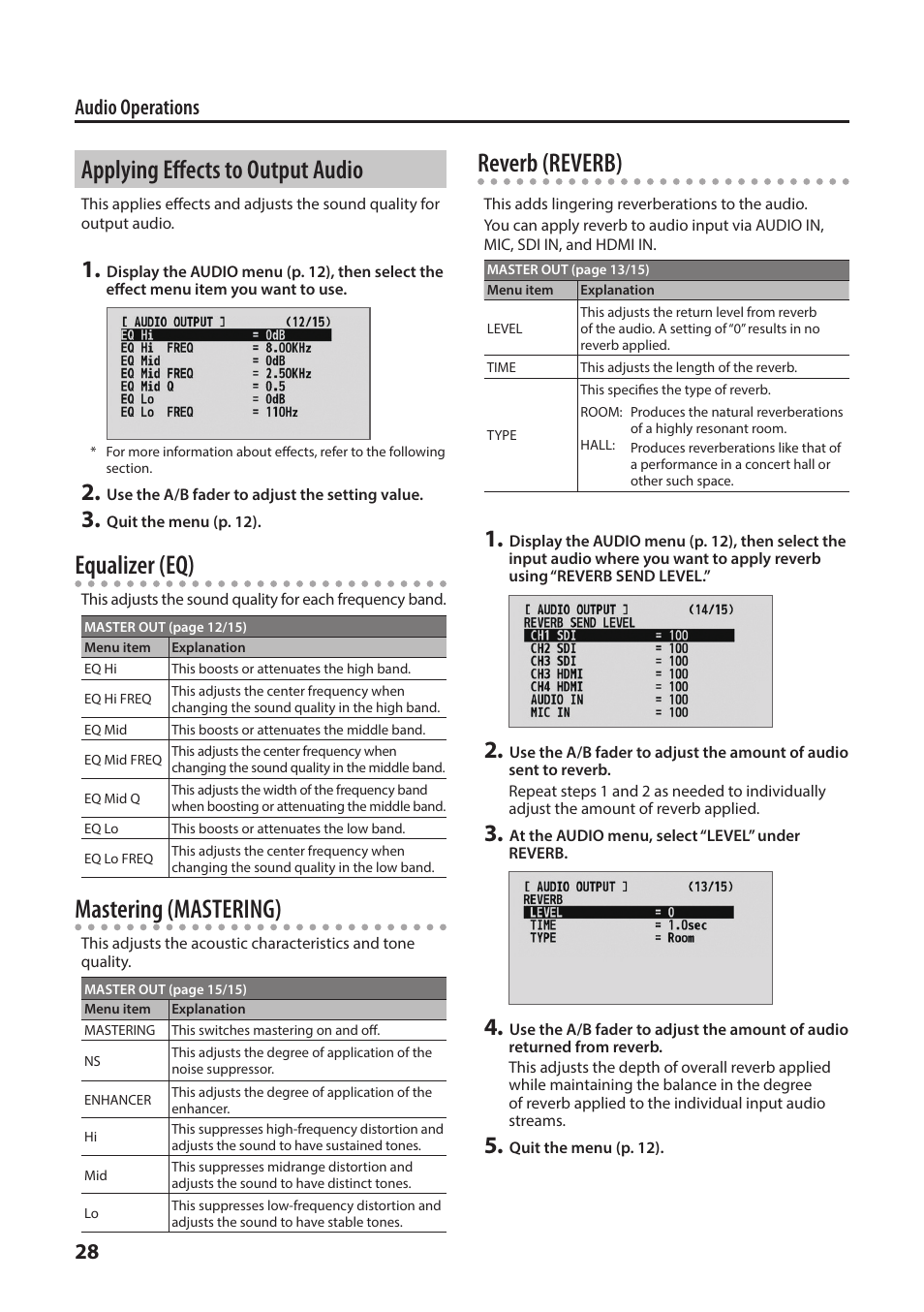 Applying effects to output audio, Equalizer (eq), Mastering (mastering) | Reverb (reverb), 28 audio operations | Roland V-1SDI 4-Channel HD Video Switcher User Manual | Page 28 / 40
