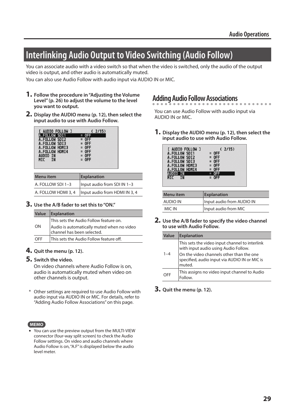 Interlinking audio output to video switching, Audio follow), Adding audio follow associations | 29 audio operations | Roland V-1SDI 4-Channel HD Video Switcher User Manual | Page 29 / 40