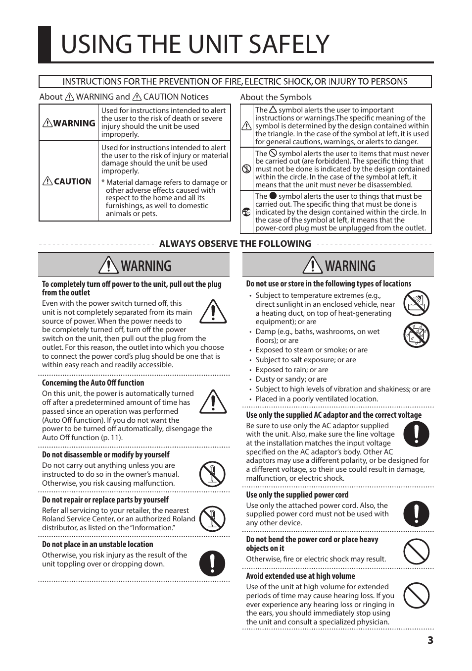 Using the unit safely, Ead “using the unit, Safely” (p. 3) and | Warning | Roland V-1SDI 4-Channel HD Video Switcher User Manual | Page 3 / 40