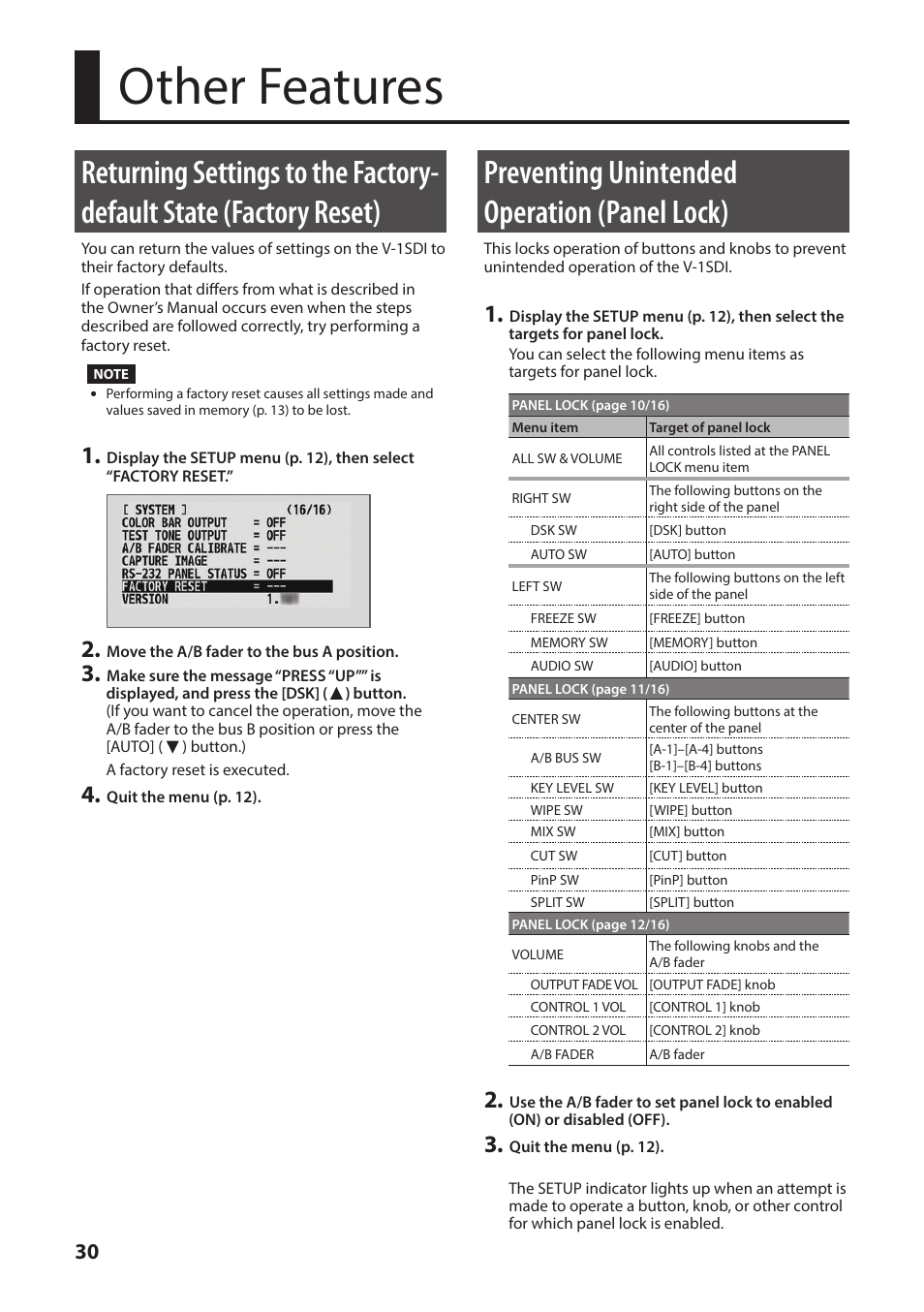 Other features, Preventing unintended operation (panel lock), Returning settings to the factory | Default state (factory reset), Or which panel lock (p. 30, Tup (p. 30 | Roland V-1SDI 4-Channel HD Video Switcher User Manual | Page 30 / 40