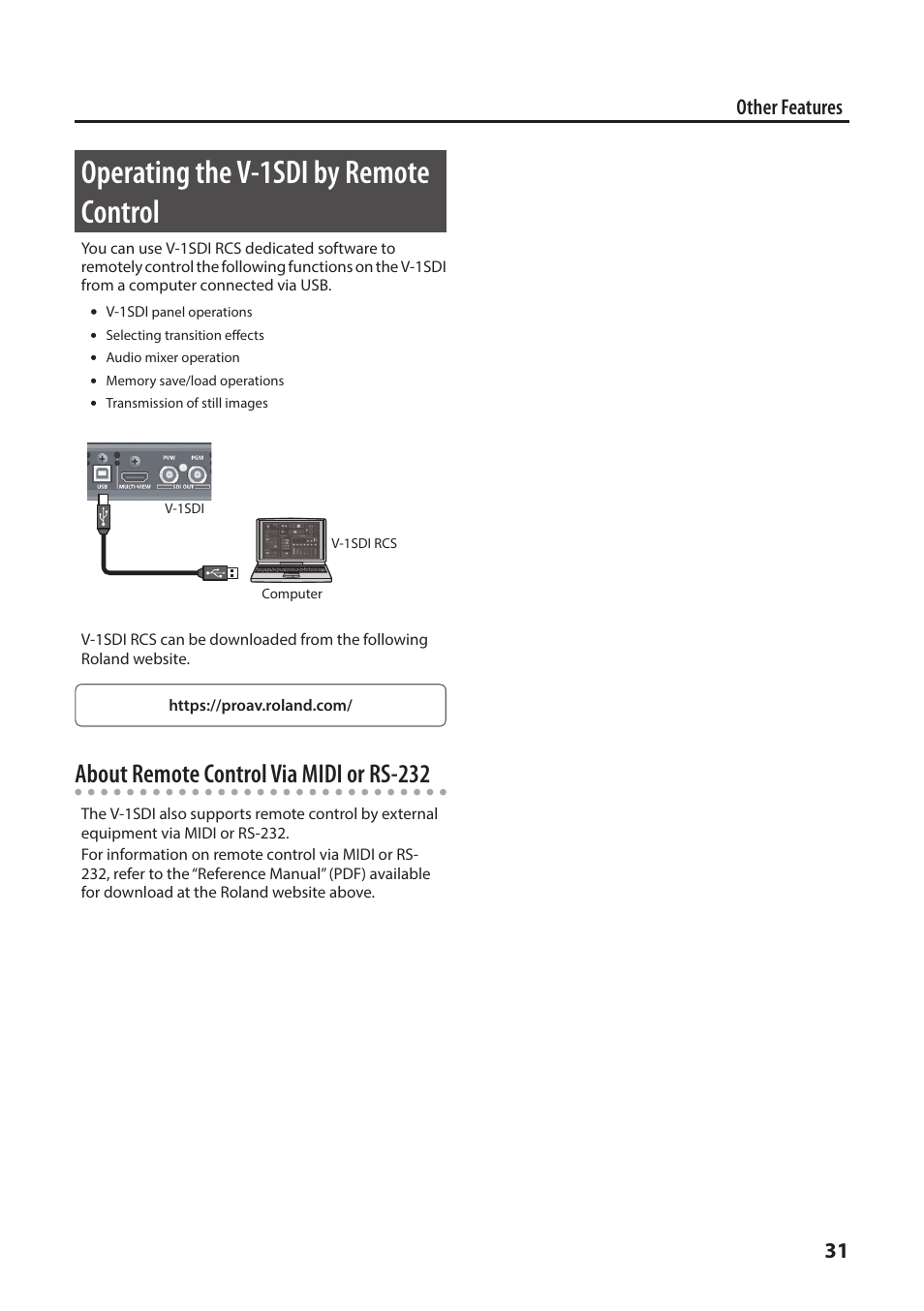 Operating the v-1sdi by remote control, P. 31, About remote control via midi or rs-232 | 31 other features | Roland V-1SDI 4-Channel HD Video Switcher User Manual | Page 31 / 40