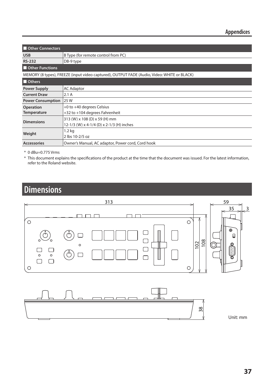 Dimensions, Appendices | Roland V-1SDI 4-Channel HD Video Switcher User Manual | Page 37 / 40
