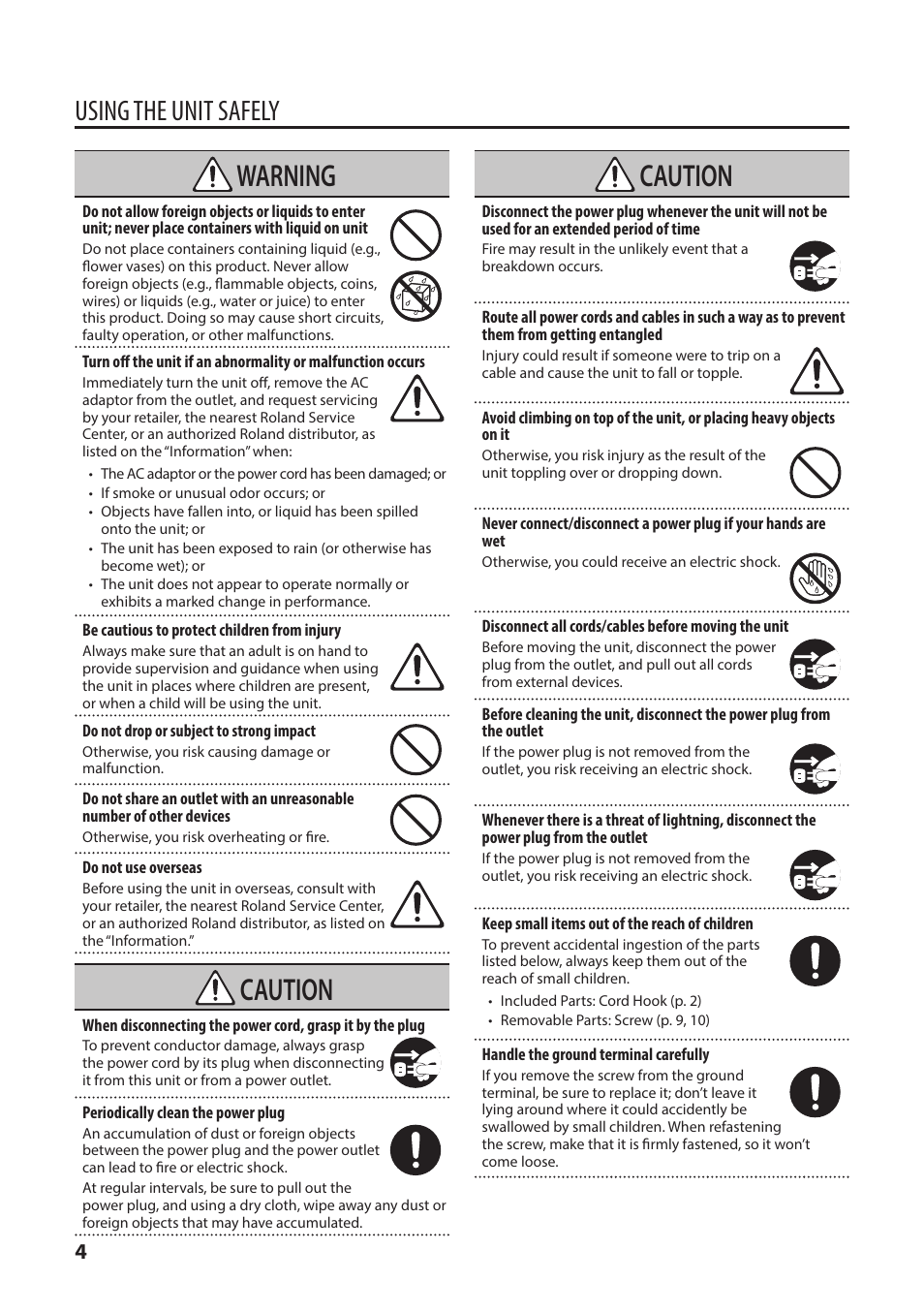 Warning, Caution, Using the unit safely | Roland V-1SDI 4-Channel HD Video Switcher User Manual | Page 4 / 40
