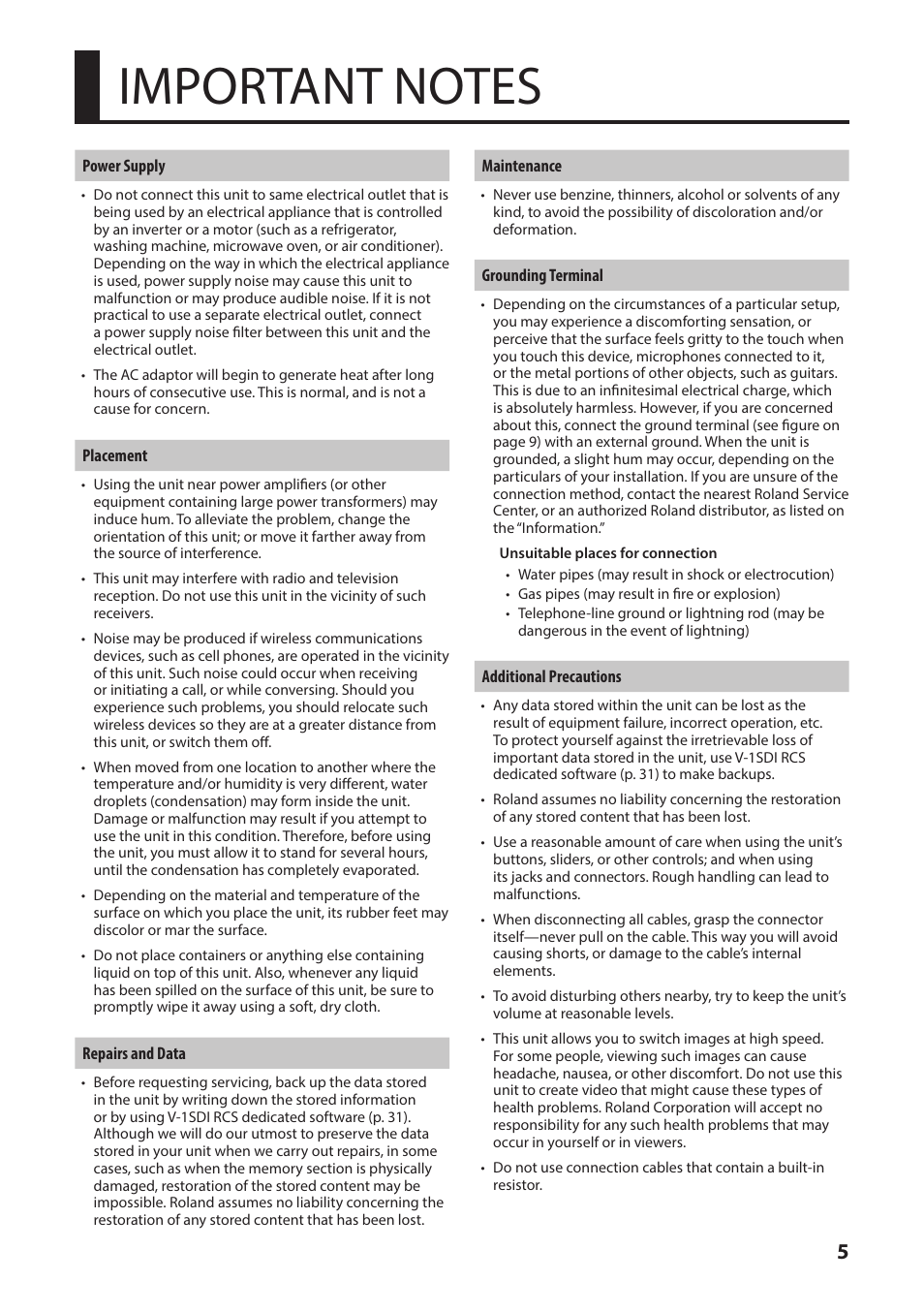 Important notes, Important notes” (p. 5) | Roland V-1SDI 4-Channel HD Video Switcher User Manual | Page 5 / 40