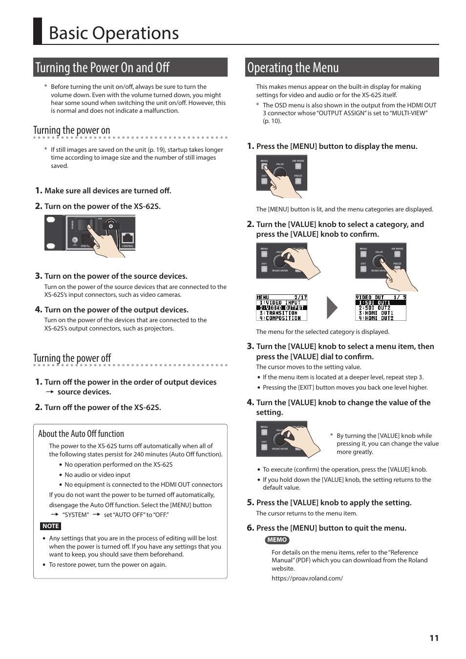 Basic operations, Turning the power on and off, Operating the menu | P. 11, P. 11), Y (p. 11), Turning the power on, Turning the power off, About the auto off function | Roland 6-Channel HD Video Switcher with Audio Mixer & PTZ Camera Control (1 RU) User Manual | Page 11 / 48