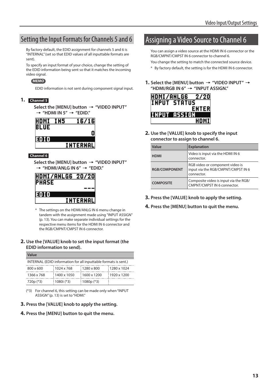 Setting the input formats for channels 5 and 6, Assigning a video source to channel 6, Y (p. 13) | O “setting the input formats for, Channels 5 and 6” (p. 13), Video input/output settings | Roland 6-Channel HD Video Switcher with Audio Mixer & PTZ Camera Control (1 RU) User Manual | Page 13 / 48