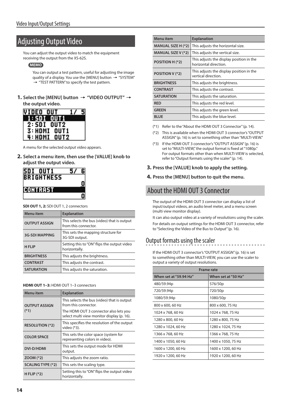 Adjusting output video, About the hdmi out 3 connector, Output formats using the scaler | Video input/output settings | Roland 6-Channel HD Video Switcher with Audio Mixer & PTZ Camera Control (1 RU) User Manual | Page 14 / 48