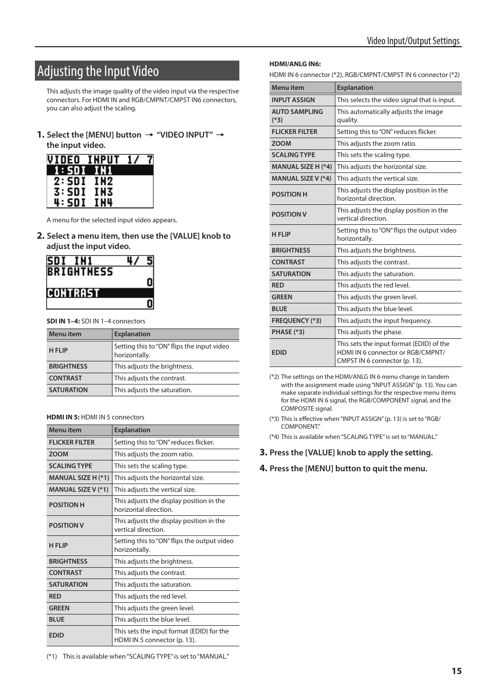 Adjusting the input video, Video input/output settings | Roland 6-Channel HD Video Switcher with Audio Mixer & PTZ Camera Control (1 RU) User Manual | Page 15 / 48