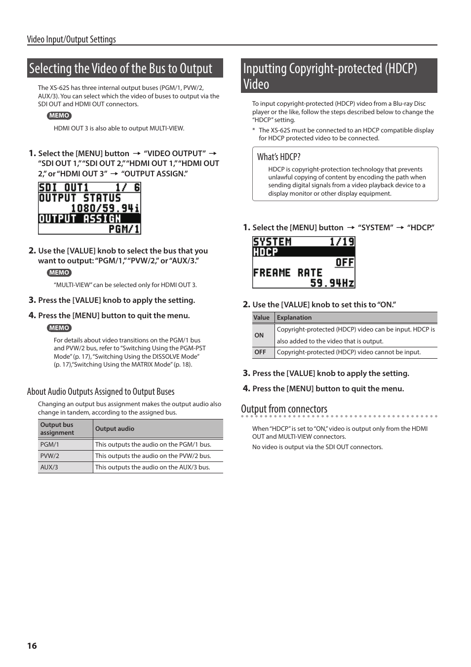 Selecting the video of the bus to output, Inputting copyright-protected (hdcp) video, P. 16) | P. 16, P. 16) is set t, P. 16) is, P. 16) is set, Y (p. 16), Output from connectors, Video input/output settings | Roland 6-Channel HD Video Switcher with Audio Mixer & PTZ Camera Control (1 RU) User Manual | Page 16 / 48