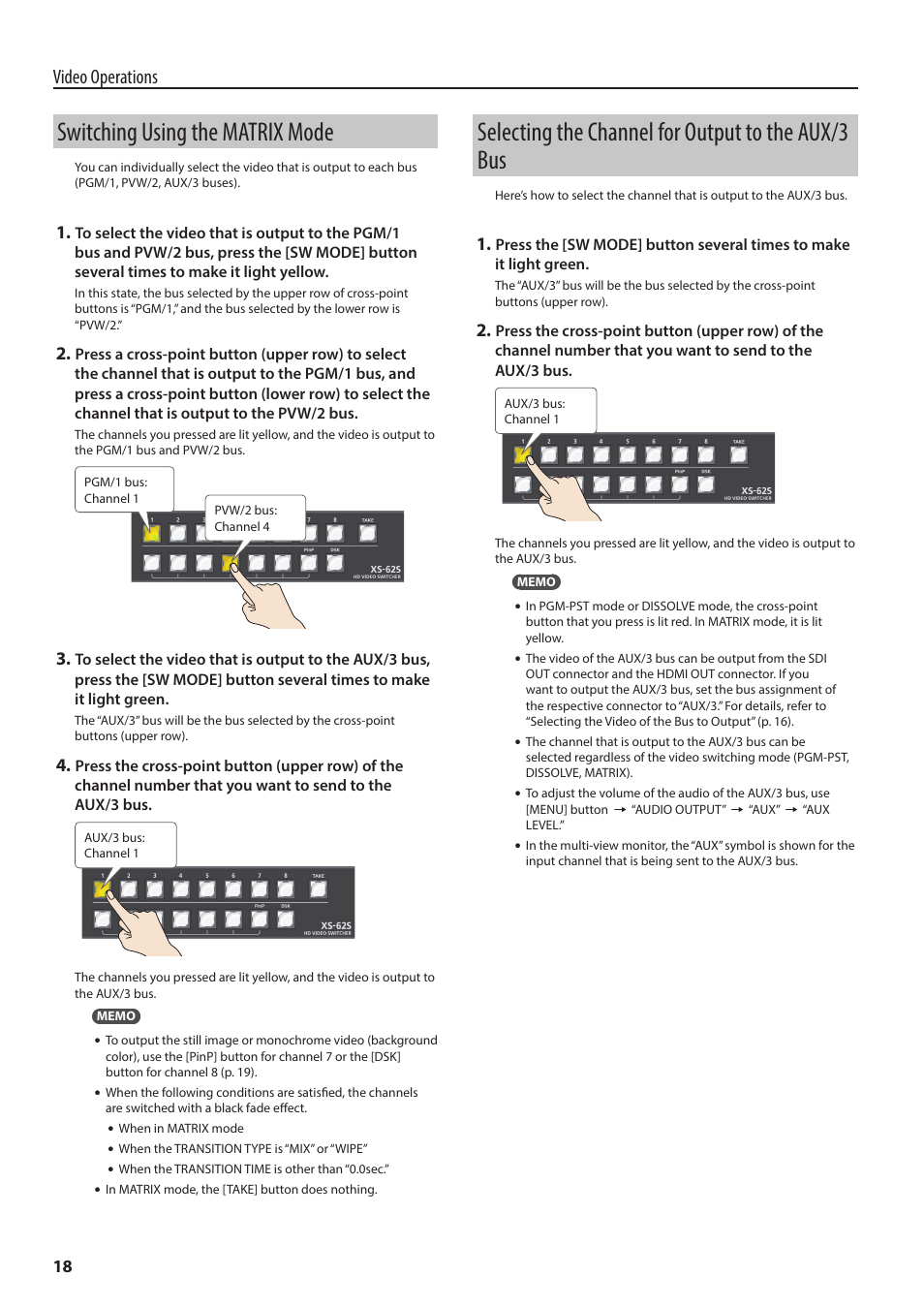 Switching using the matrix mode, Selecting the channel for output to the aux/3 bus, Trix mode (p. 18 | Ux/3 bus (p. 18), the, Switching using the matrix mode” (p. 18), Video operations | Roland 6-Channel HD Video Switcher with Audio Mixer & PTZ Camera Control (1 RU) User Manual | Page 18 / 48