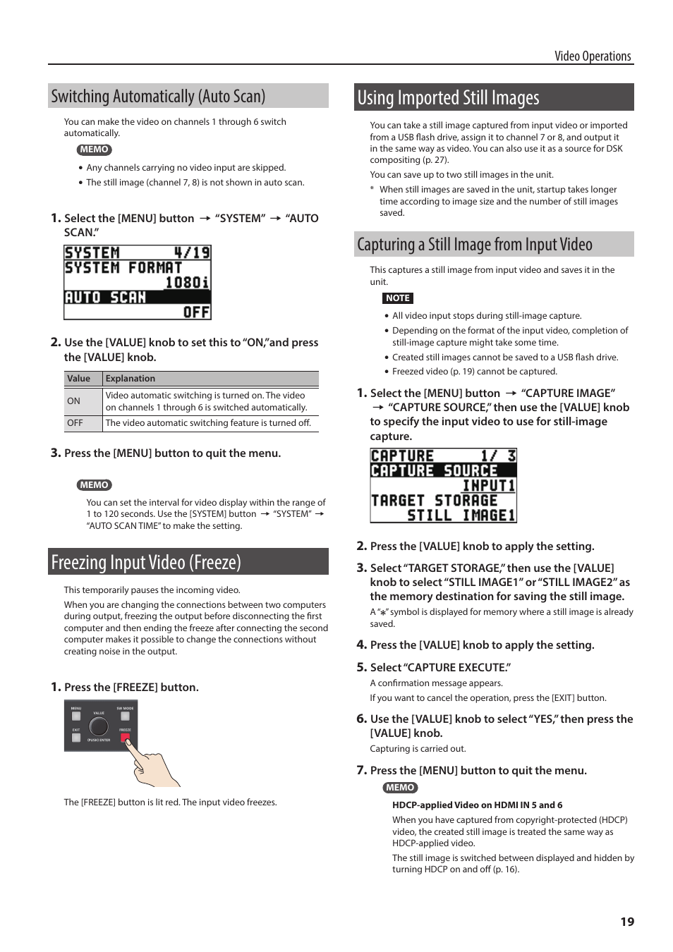 Switching automatically (auto scan), Freezing input video (freeze), Using imported still images | Capturing a still image from input video, P. 19, Video operations | Roland 6-Channel HD Video Switcher with Audio Mixer & PTZ Camera Control (1 RU) User Manual | Page 19 / 48