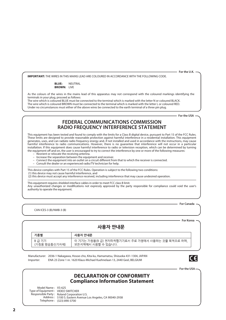 Roland 6-Channel HD Video Switcher with Audio Mixer & PTZ Camera Control (1 RU) User Manual | Page 2 / 48