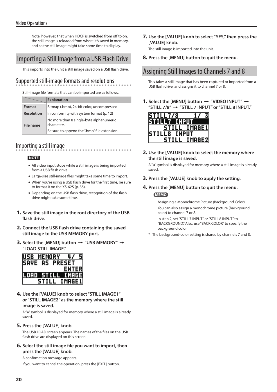 Importing a still image from a usb flash drive, Assigning still images to channels 7 and 8, Supported still-image formats and resolutions | Importing a still image, Video operations | Roland 6-Channel HD Video Switcher with Audio Mixer & PTZ Camera Control (1 RU) User Manual | Page 20 / 48