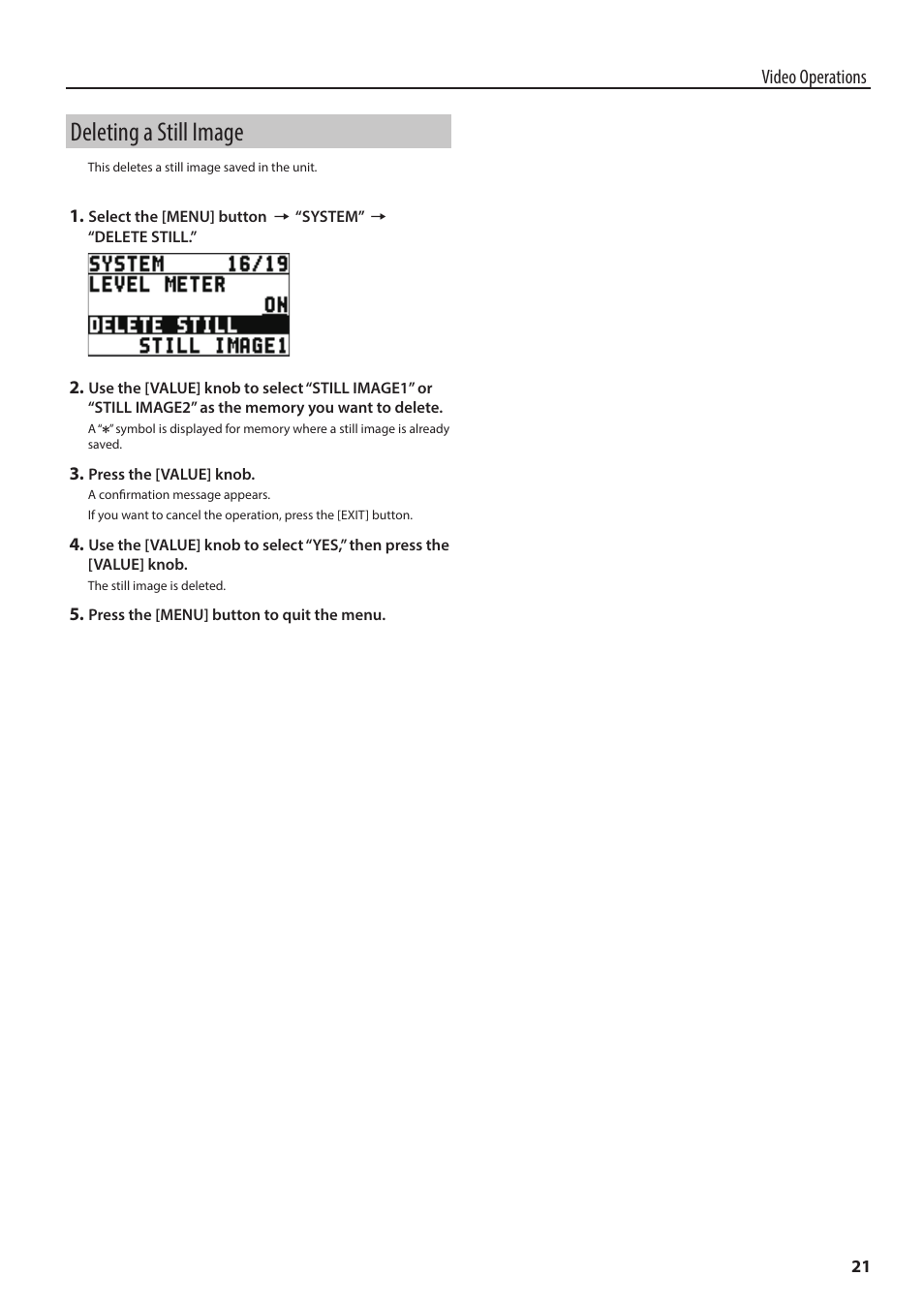 Deleting a still image | Roland 6-Channel HD Video Switcher with Audio Mixer & PTZ Camera Control (1 RU) User Manual | Page 21 / 48