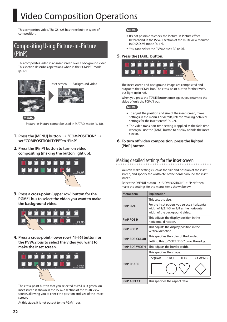 Video composition operations, Compositing using picture-in-picture (pinp), P. 22 | Making detailed settings for the inset screen | Roland 6-Channel HD Video Switcher with Audio Mixer & PTZ Camera Control (1 RU) User Manual | Page 22 / 48