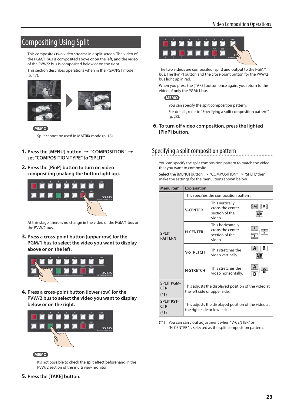 Compositing using split, P. 23, Specifying a split composition pattern | Video composition operations | Roland 6-Channel HD Video Switcher with Audio Mixer & PTZ Camera Control (1 RU) User Manual | Page 23 / 48